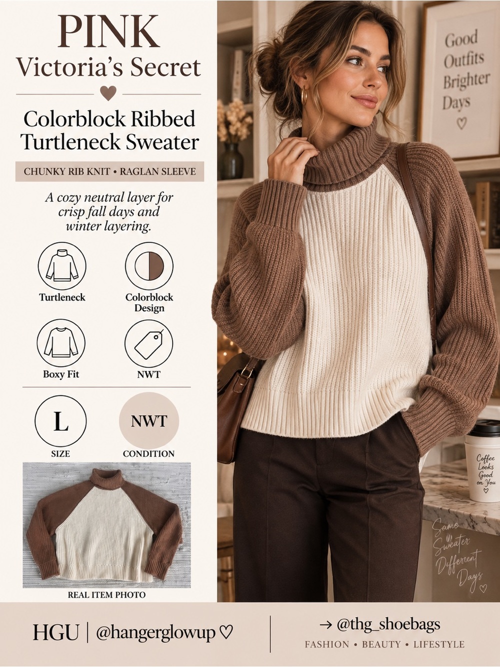 PINK Victoria's Secret Colorblock Ribbed Turtleneck Sweater - Cream & Brown